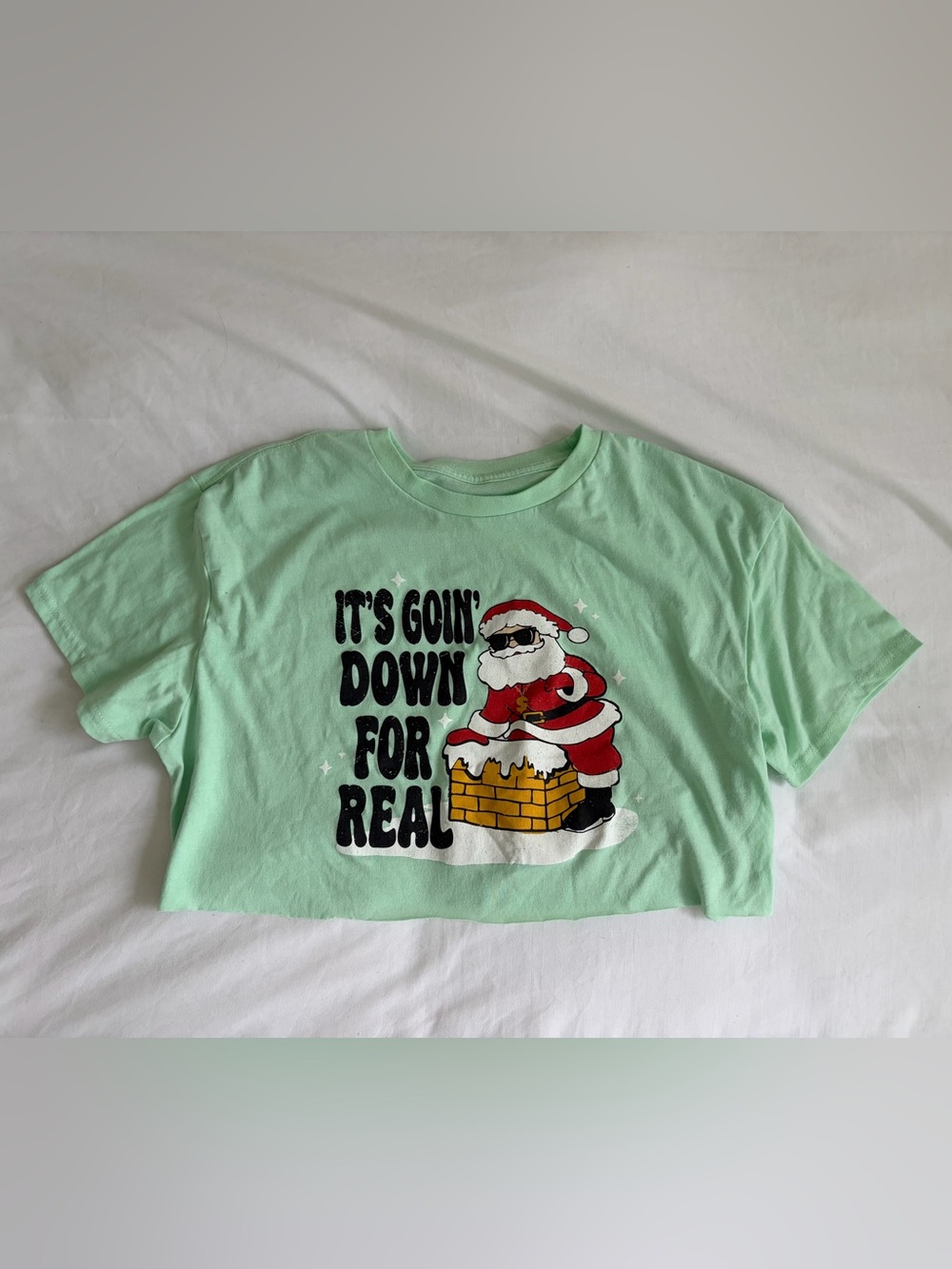 Mint Green Holiday Cropped Tee with Santa Graphic